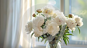 White peonies in full bloom in clear vase by window