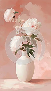 White peonies in a vase on a pink background