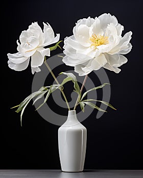 White peony flowers in a vase on a black background.