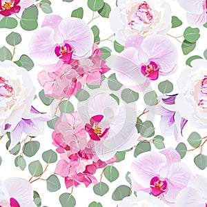 White peony, pink hydrangea, purple orchid, violet campanula and eucalyptus leaves seamless vector pattern.