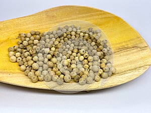 white Pepper In Indonesian Is Called Merica in a wooden spoon isolated on white background. white pepper is a basic ingredients photo