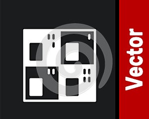 White Periodic table of the elements icon isolated on black background. Vector