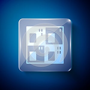 White Periodic table of the elements icon isolated on blue background. Square glass panels. Vector