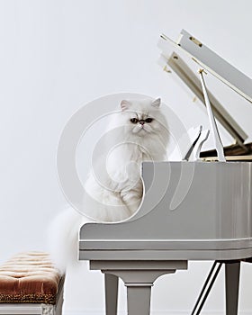 White Persian cat with long fur sitting on a white piano against a white background, made with generative ai