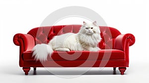 white Persian cat on the red sofa on isolated white background