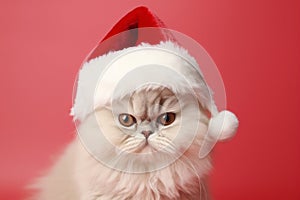 White Persian cat with Santa Claus Christmas hat in front of red background