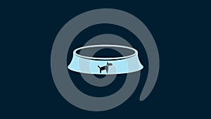 White Pet food bowl for cat or dog icon isolated on blue background. 4K Video motion graphic animation