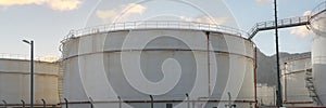 White petrochemical storage tanks or tank farm