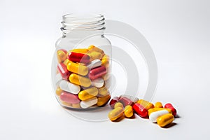A white pharmaceutical bottle containing various pills for medication, including vitamins, capsules by Generative AI