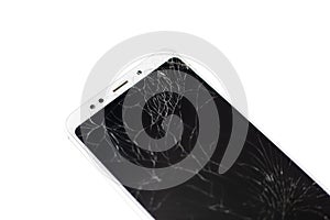 White phone with a broken sensor and screen, cracked touchscreen glass on a white background isolate