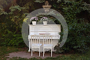 White piano and chairs with romantic decor in summer in garden. Decor for a wedding or a romantic dinner. Grand piano decorated wi