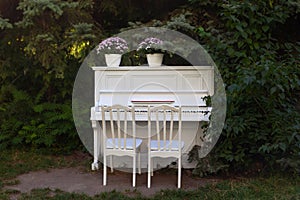 White piano and chairs with romantic decor in summer in garden. Decor for a wedding or a romantic dinner. Grand piano decorated wi
