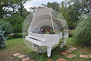 White piano decorated with flowers stands in the Park.