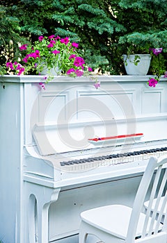 White piano in retro style in the garden