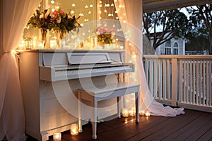 a white piano on a verandah decorated with fairy lights and lanterns