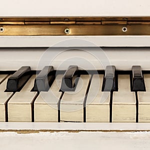 White pianoforte, front view instrument, musical instrument. lea