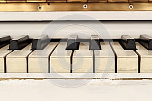 White pianoforte, front view instrument, musical instrument. lea