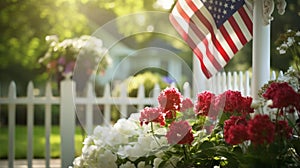 A white picket fence with flowers and an american flag