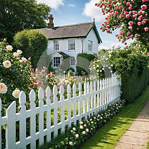 a white picket fence in front of a house with roses growing on