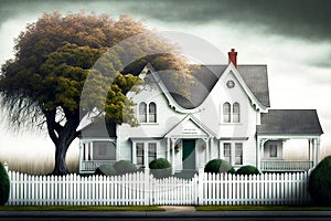white picket fence large white house with grey roof