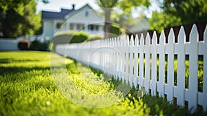White picket fence in a lush green grassy area in the foreground of a residential home, AI-generated
