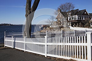 White picket fence in scenic Marblehead, Massachusetts, USA