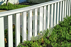 White picket fence in suburban neighborhood with shrubs and grass in front or back yard near house and home