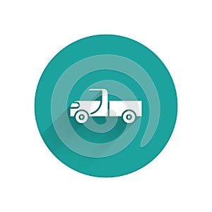 White Pickup truck icon isolated with long shadow. Green circle button. Vector