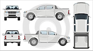 White pickup vector template. Vehicle branding mockup side, front, back top view photo