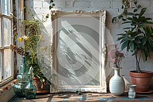 A white picture frame rests on a table beside green potted plants, mockup