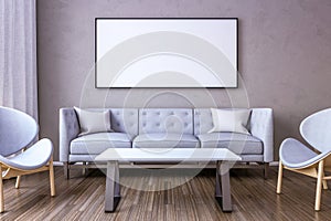 White picture frame on the wall in the living room. 3D render.