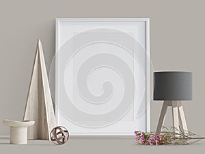 White picture frame on a white wall, Illustration, 3d