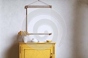 White picture mockup on yellow wall in shabby chic, ai generated