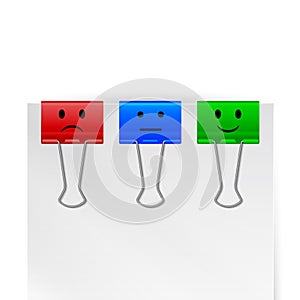 White piece of paper with three multi-colored metal binder clips. Positive negative neutral symbols. Vector illustration