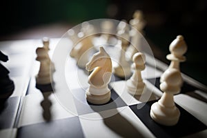 White pieces on chess board, focus on knight