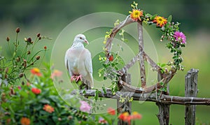 White pigeon perched on a rustic wooden fence with a peace sign made of flowers in the background of a lush green meadow