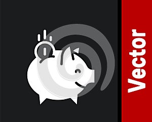 White Piggy bank with coin icon isolated on black background. Icon saving or accumulation of money, investment. Vector