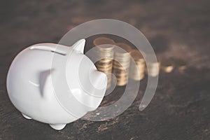 White piggy bank and coin on wood