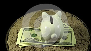 A white piggy bank and dollar bills spins on a black background.