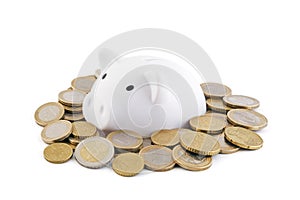 White piggy bank with euro coins