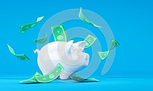 White piggy bank with falling dollar bills on blue background