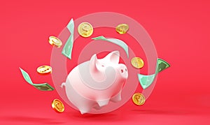 White piggy bank with falling dollar bills and coins on red background