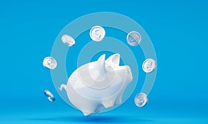 White piggy bank with floating dollar silver coins on blue background