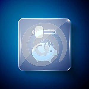 White Piggy bank and hammer icon isolated on blue background. Icon saving or accumulation of money, investment. Square