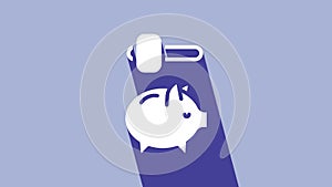 White Piggy bank and hammer icon isolated on purple background. Icon saving or accumulation of money, investment. 4K