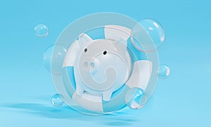 White piggy bank on pastel blue background abstract with pool ring or lifebuoy in water. 3d render for bankruptcy and saving money