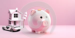 White Piggy bank on pink background with house and car. Generative AI