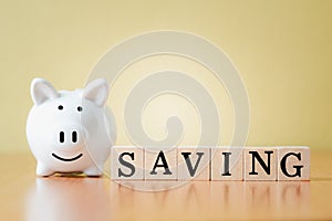 White piggy bank and wooden box with tag word saving for planning step up to growing, Saving money for retirement fund and the