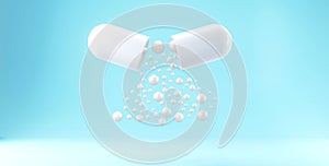 White pill capsule isolated blue background The concept of drug discovery for therapeutic use in the organization`s banner photo