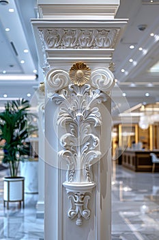 A white pillar with decorative carving on it in a lobby, AI